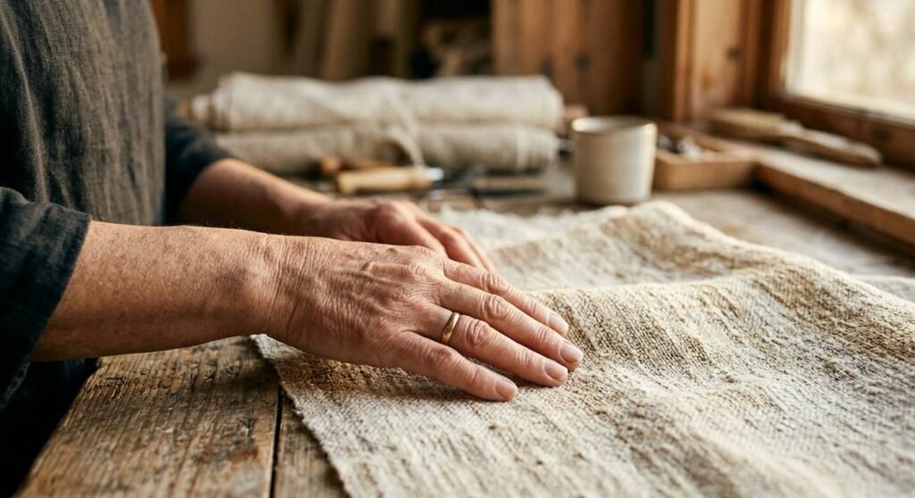 Hands feeling the texture of woven fabric