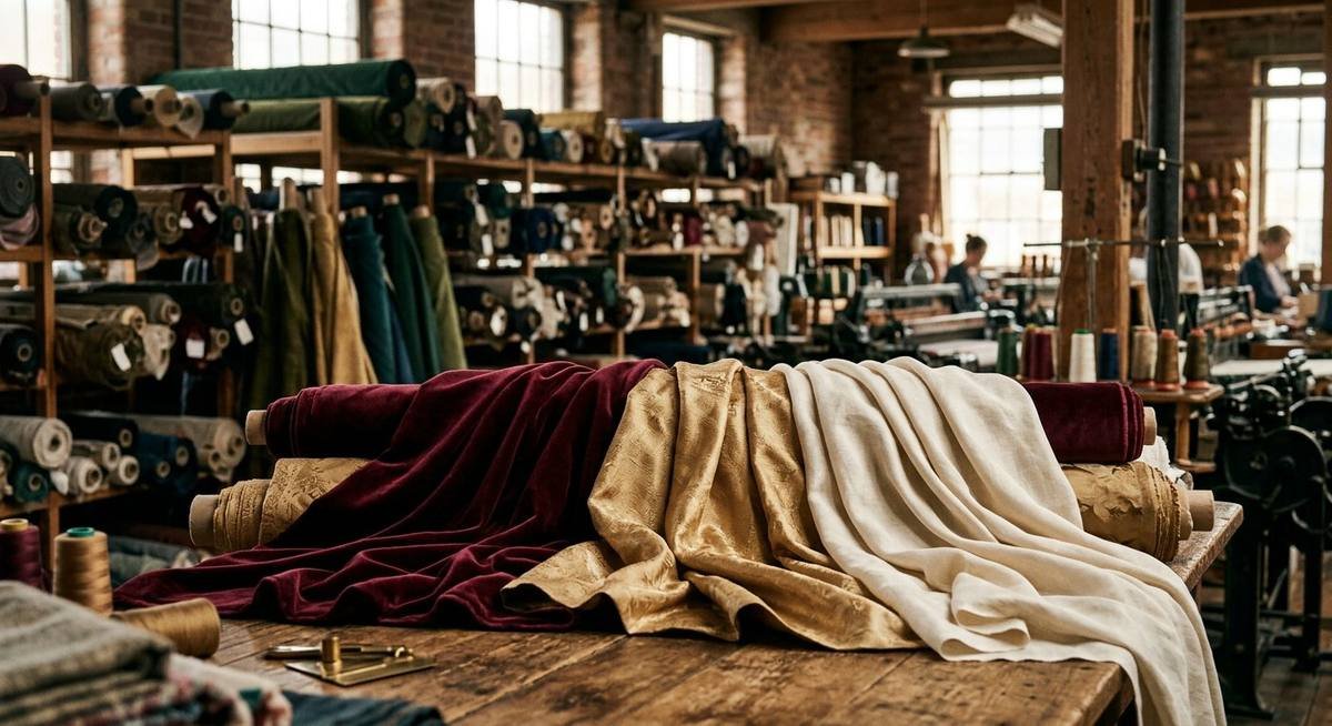 GR Creations & Exports garment workshop — rolls of fabric