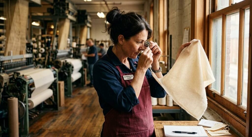 Quality inspector examining fabric