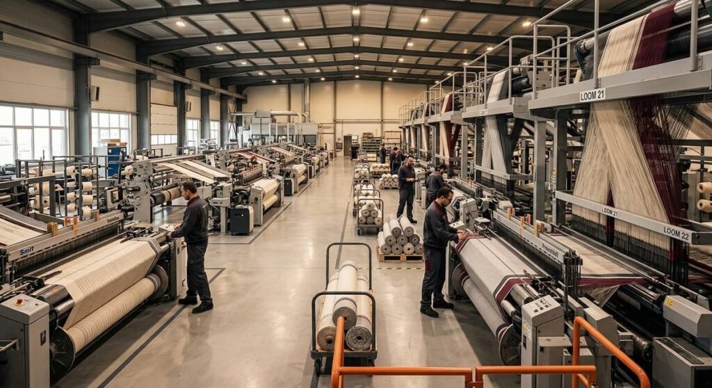 Modern weaving facility with industrial looms